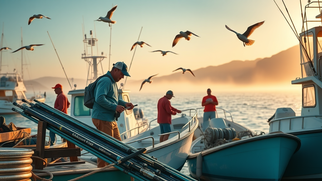 peak fishing season - Cabo marina at sunrise, local fishermen prepping boats, photorealistic, energetic dockside, fishing rods, shimmering water, seagulls, morning fog, teal, gold, sky-blue, 35mm lens