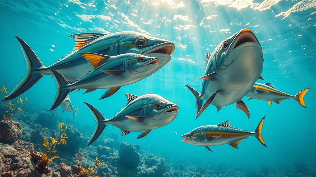 underwater scene of Cabo peak fishing season, marlin, dorado, tuna, blue water, reefs, photorealistic, macro lens