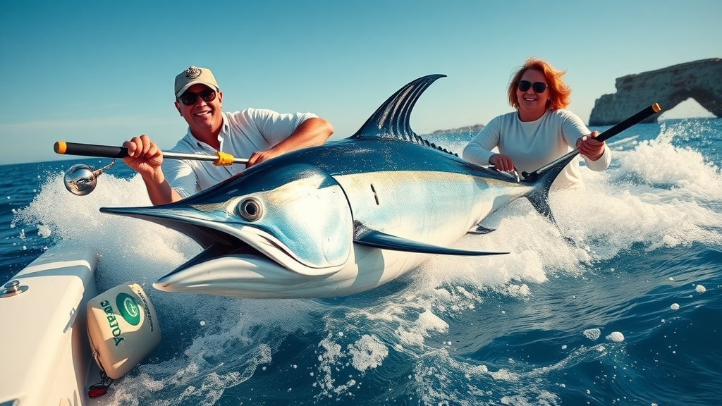 deep sea fishing - excited anglers reeling in marlin offshore Cabo, photorealistic, vibrant ocean, chrome lures, motion blur, arch in distance, 70-200mm lens