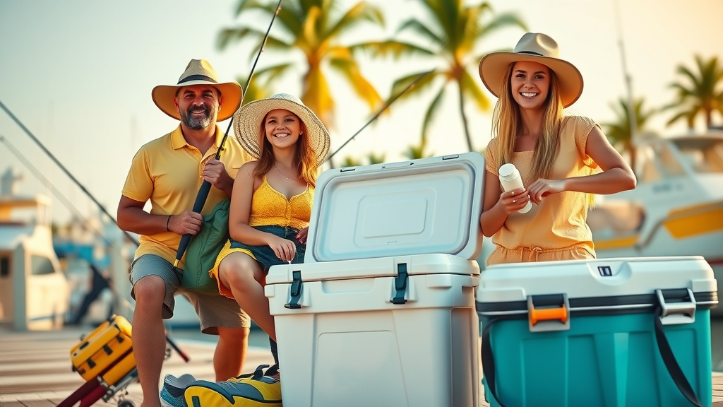 family preparing for fishing trip at Cabo marina, rods and cooler, photorealistic, palm trees, organized gear, hats, sunscreen, 50mm lens
