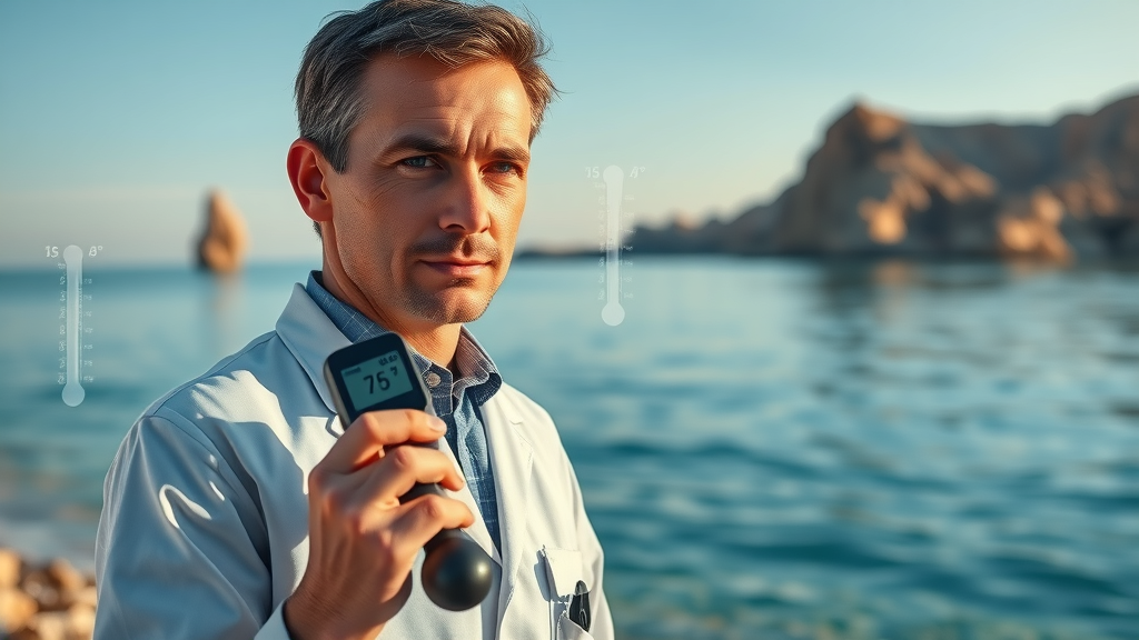scientific water temperature measurement, Cabo shoreline, photorealistic, data overlays, blue whites, 24mm lens
