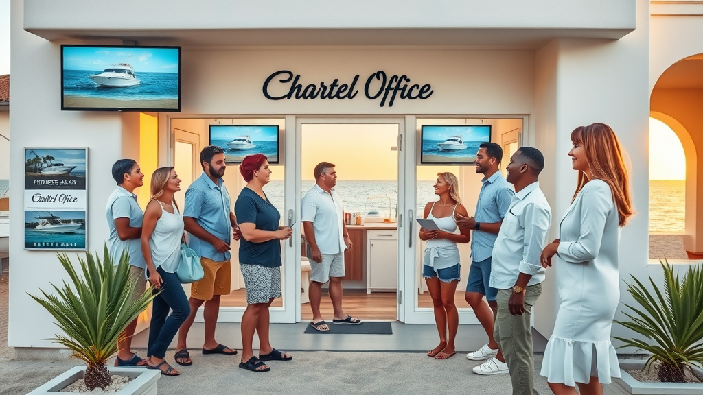 best Cabo fishing charters, coastal office with guests, brochures, modern, photorealistic, white sand blue palette, 24-70mm lens