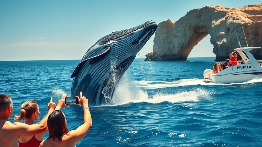 Majestic humpback whale breaching near a tour boat during Cabo whale watching with tourists and the iconic Cabo arch in the background