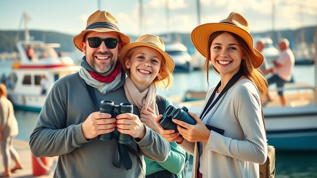 Family preparing for whale watching tour in Cabo San Lucas at a lively marina with boats and bright accessories