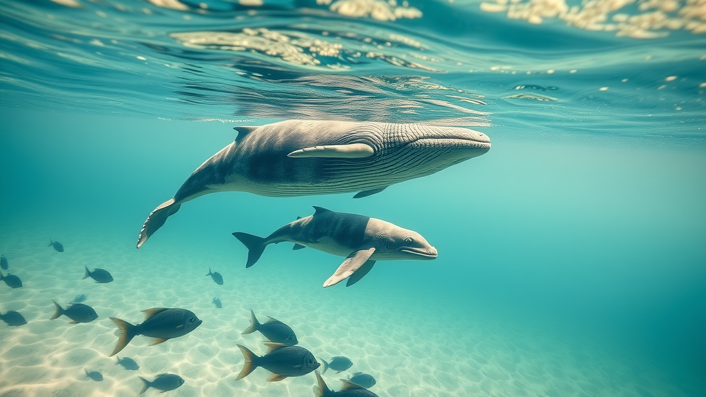 Mother and baby whale gliding through warm, clear Cabo waters with sandy seabed and abundant fish