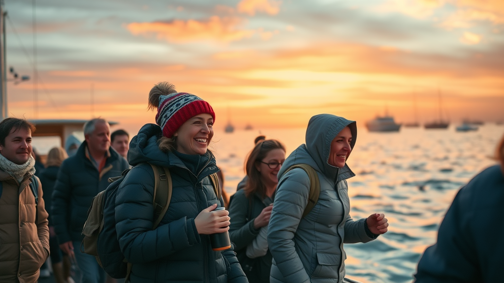Travelers boarding a whale watching boat in Cabo San Lucas at sunrise in cool morning air