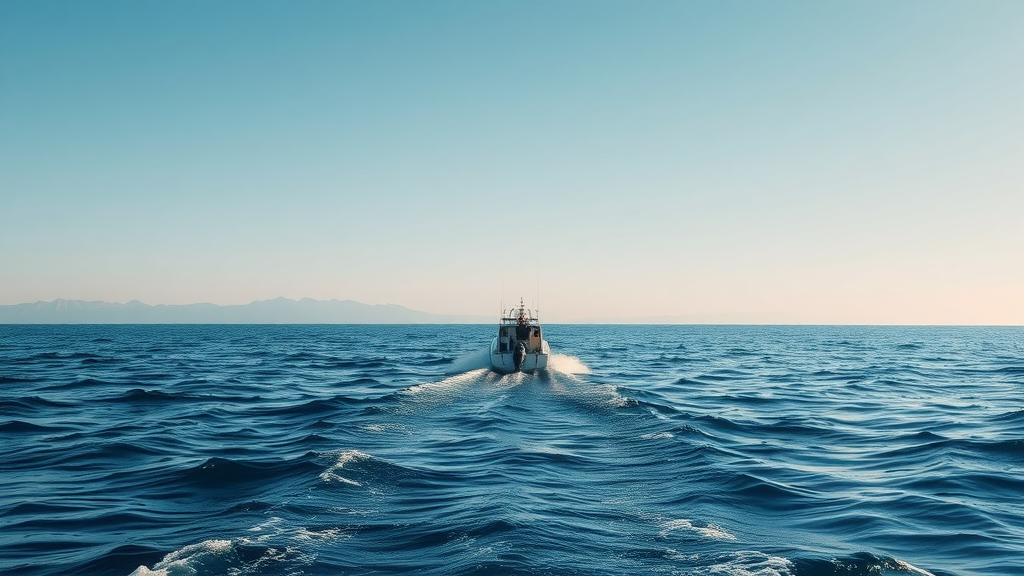 Boat navigating calm winter waters near Cabo San Lucas under clear skies and gentle waves