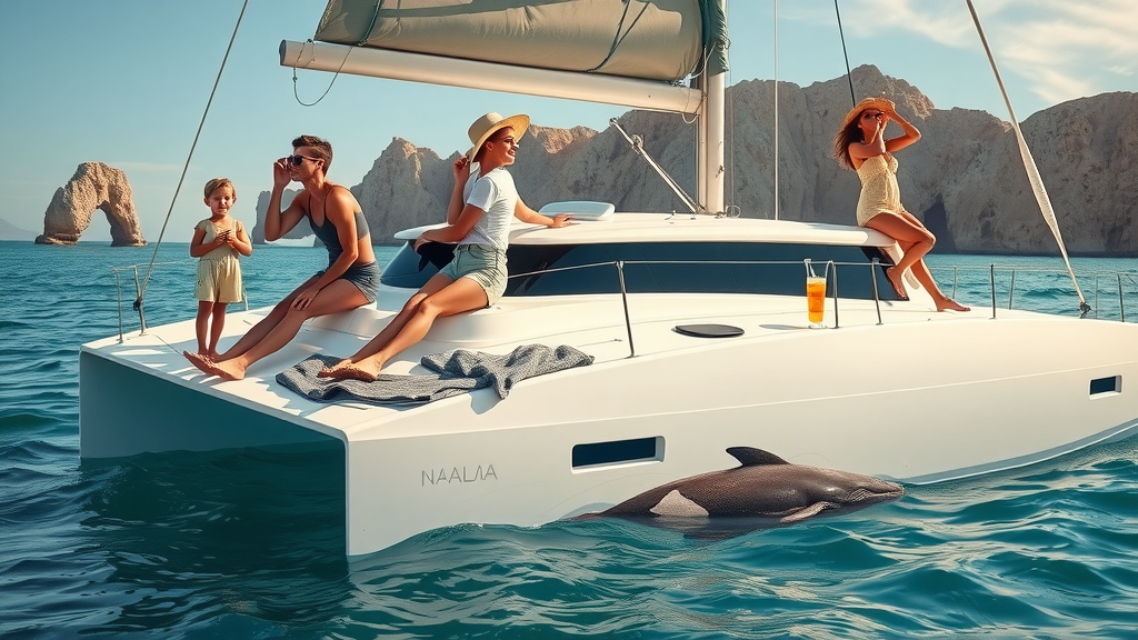 Elegant catamaran for whale watching in Cabo San Lucas with families and couples relaxing and observing whales