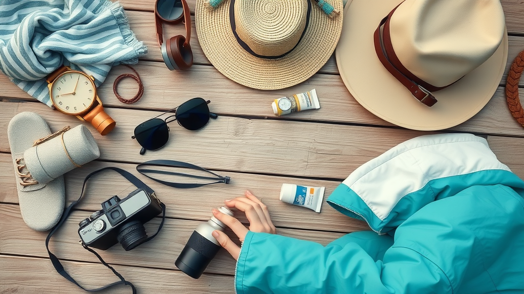 Organized flat lay of essential whale watching gear: sunglasses, camera, binoculars, hat, windbreaker on wooden deck