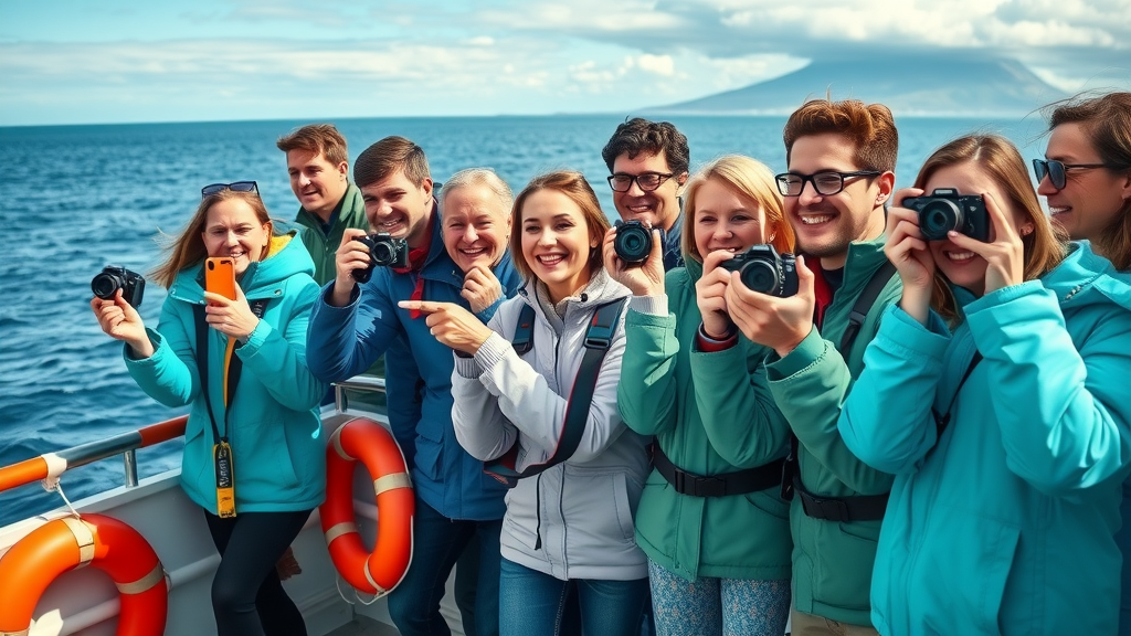 Joyful tourists on a boat deck in Cabo San Lucas during a whale watching tour, capturing whale sightings with cameras and pointing