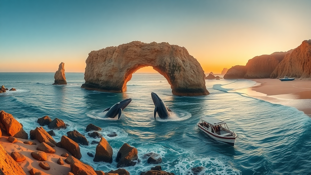 El Arco rock formation in Cabo San Lucas with whales breaching in the foreground under golden hour light