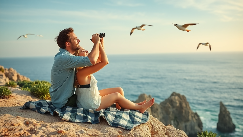 Couple observing whales from a seaside cliff near San Jose del Cabo, binoculars in hand, relaxed atmosphere