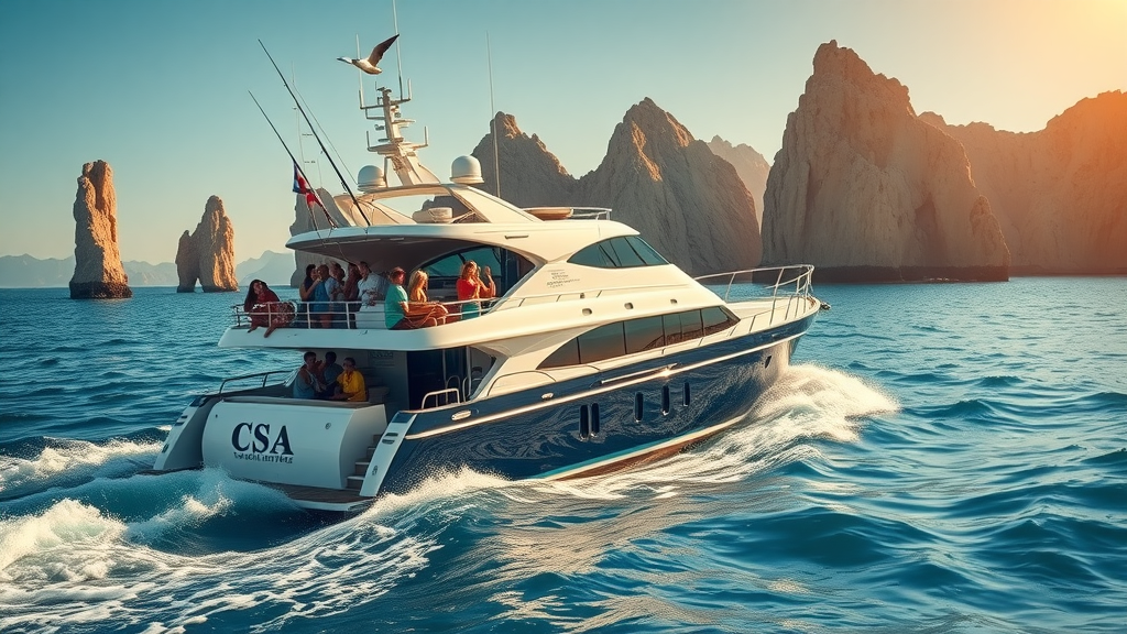 Vibrant sportfishing yacht setting out to sea with families and friends on deck, Cabo San Lucas, azure waters, iconic rock formations, gentle ocean waves, photorealistic, golden hour light. Main Keyword: cabo fishing excursions.