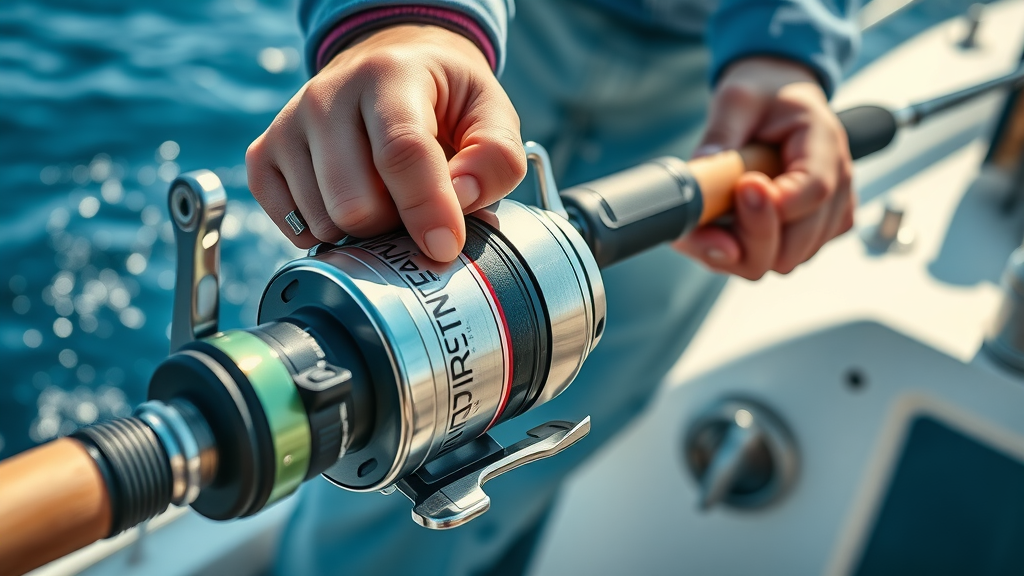 Professional sport fishing gear on a boat for cabo fishing excursions, hands gripping high-end rod and reel, sparkling blue ocean, photorealistic, bright natural sunlight. Main Keyword: cabo fishing excursions.