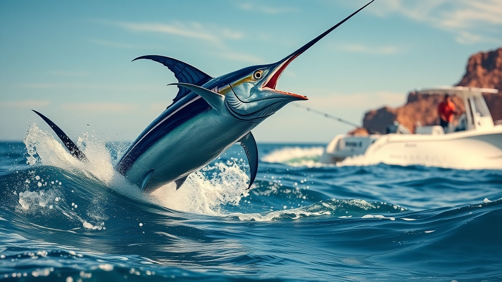 Majestic marlin leaping from Cabo waters, sport fishing boat hunters in background, dynamic scene, oceanic blues, photorealistic, sunny sky. Main Keyword: sport fishing cabo.