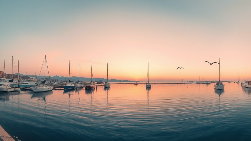 Serene panoramic sunrise over Cabo San Lucas marina, empty fishing boats, pink-orange sky, calm waters, high realism. Main Keyword: cabo fishing excursions.