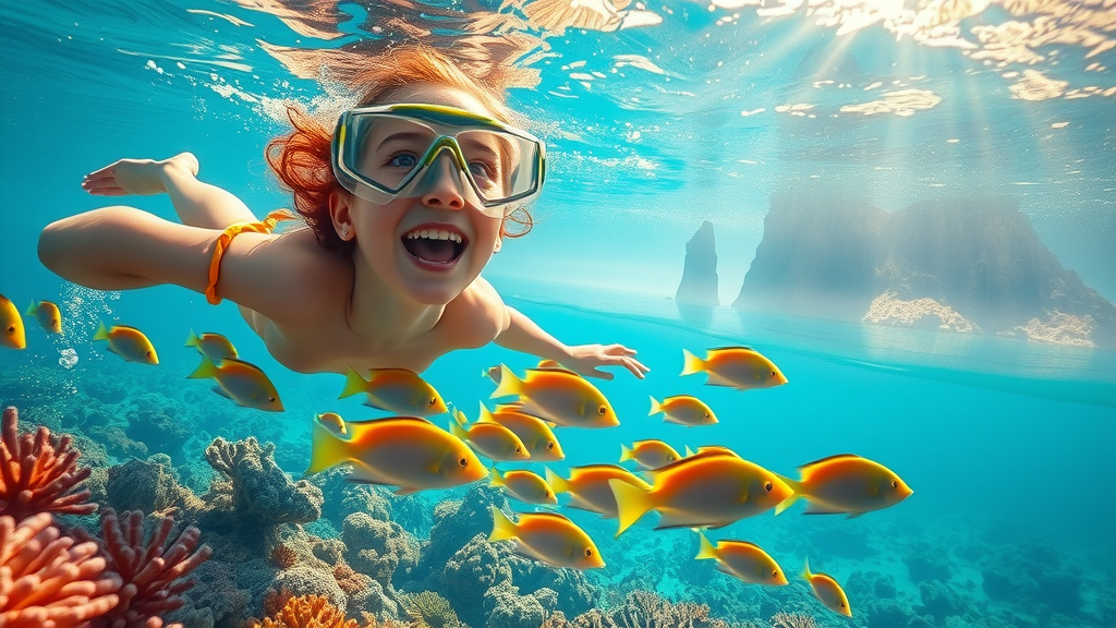cabo snorkeling trips vibrant underwater marine ecosystem, snorkeler with tropical fish and colorful coral, photorealistic in Cabo San Lucas clear blue waters