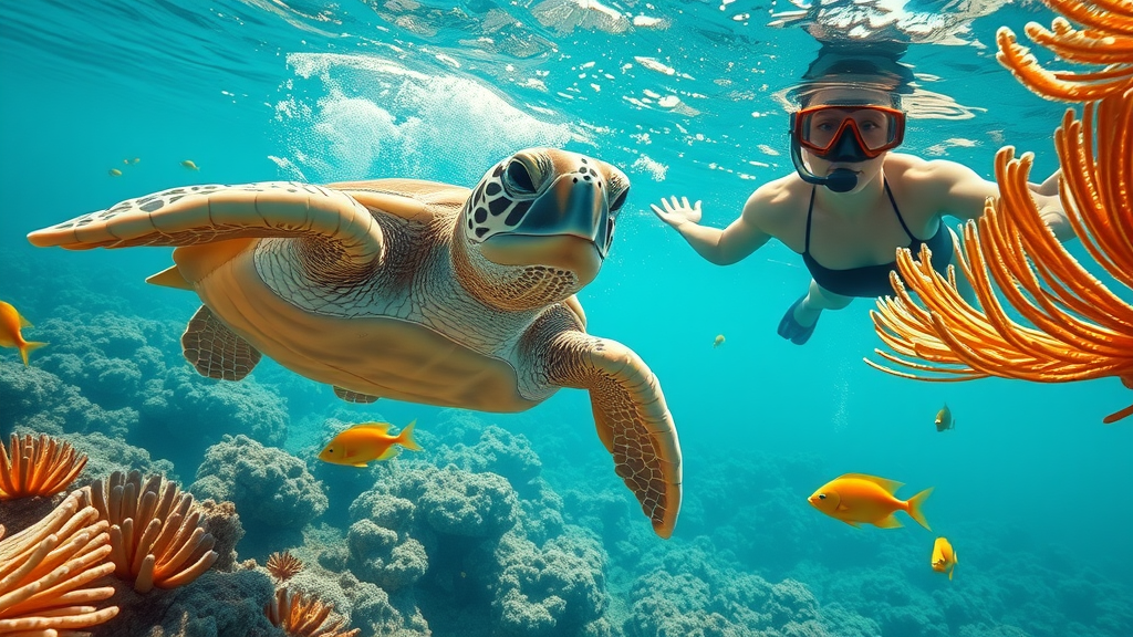 snorkeling tour in cabo san lucas sea turtle, vibrant coral, and snorkeler, photorealistic in crystal-clear Baja waters