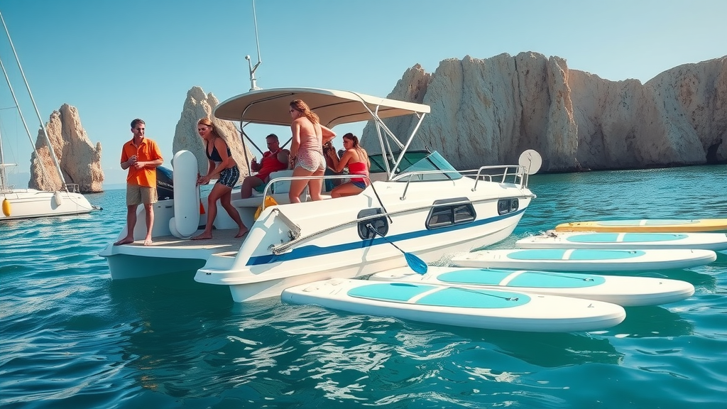 adventurous group boarding boat for snorkeling, marina with Cabo rock arches in the background, paddle boards and crystal water