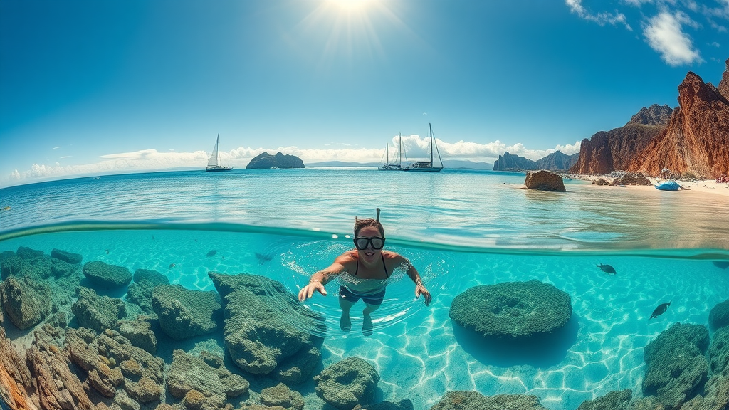 snorkeler exploring Chileno Bay, colorful fish, sandy bottom and rocky outcrops, photorealistic