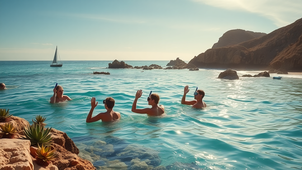 snorkelers swimming Baja coastline, idyllic sunlit beach, playful group, coastal vista for cabo snorkeling tours