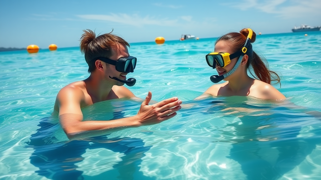 beginner-friendly snorkeling lesson, instructor guiding new snorkelers, shallow bay, gentle surf, safe tour in cabo