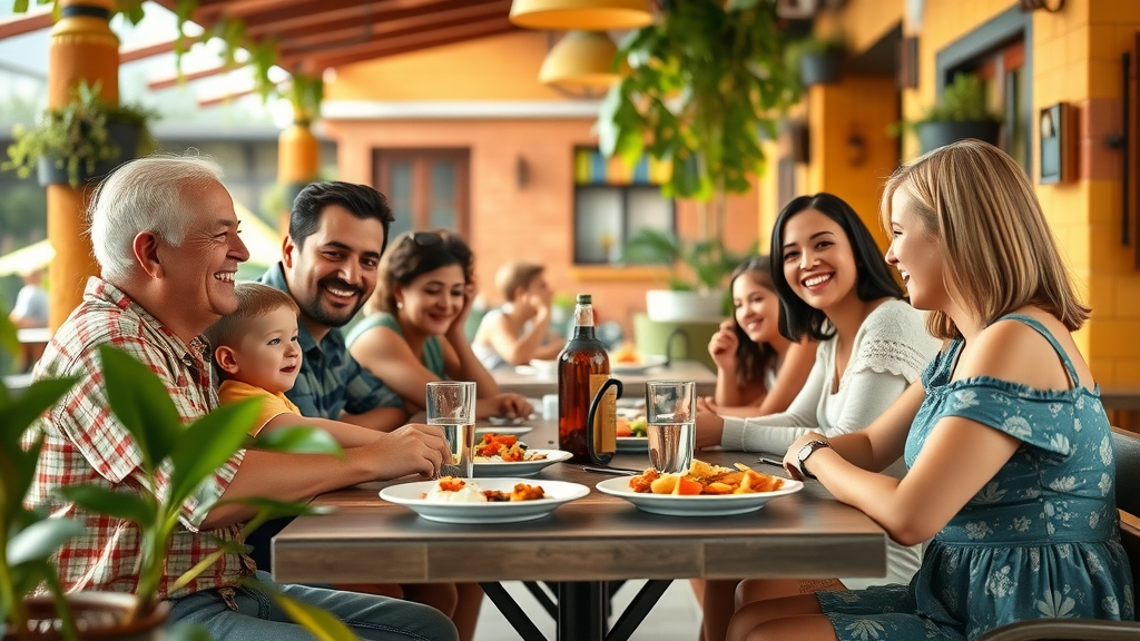 Family dining in Cabo at a colorful open-air restaurant with kids enjoying vibrant Mexican cuisine in Cabo San Lucas