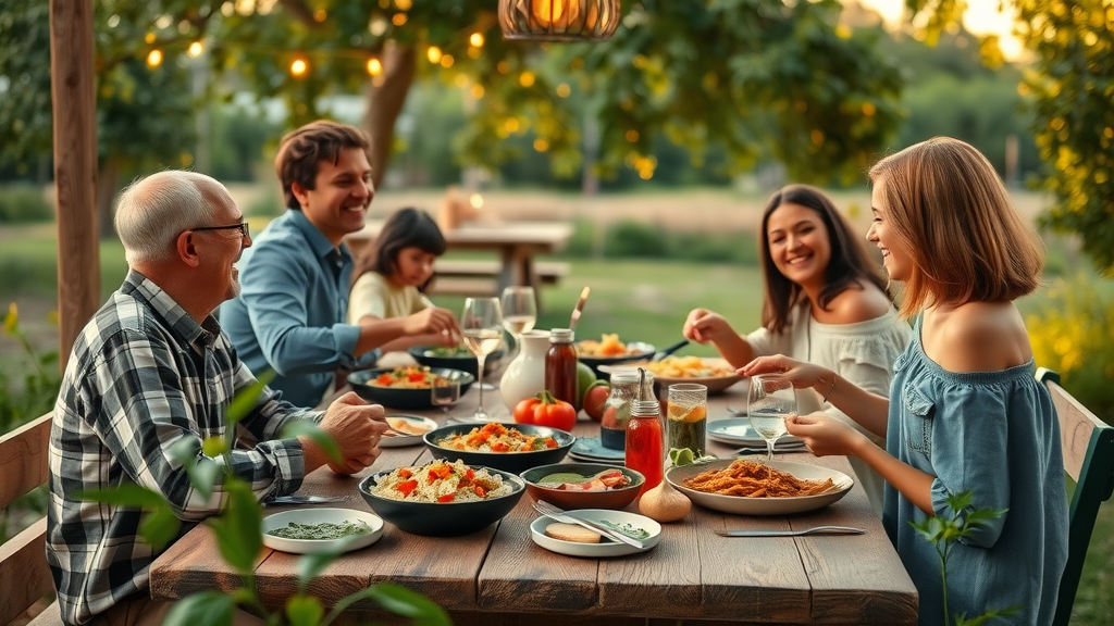 Farm to Table family restaurant in Cabo with fresh Mexican cuisine being shared at a rustic outdoor table