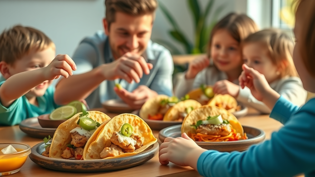 Happy family tasting fish tacos with fresh salsa at a Cabo family restaurant, sunlight on rustic plates