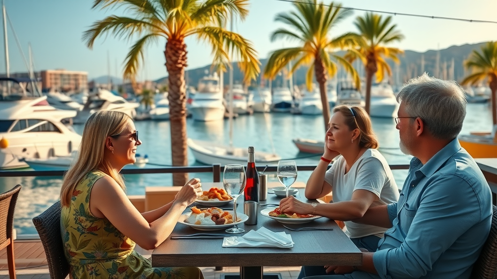 Marina-side dining in Cabo San Lucas with families enjoying food and boats in the background