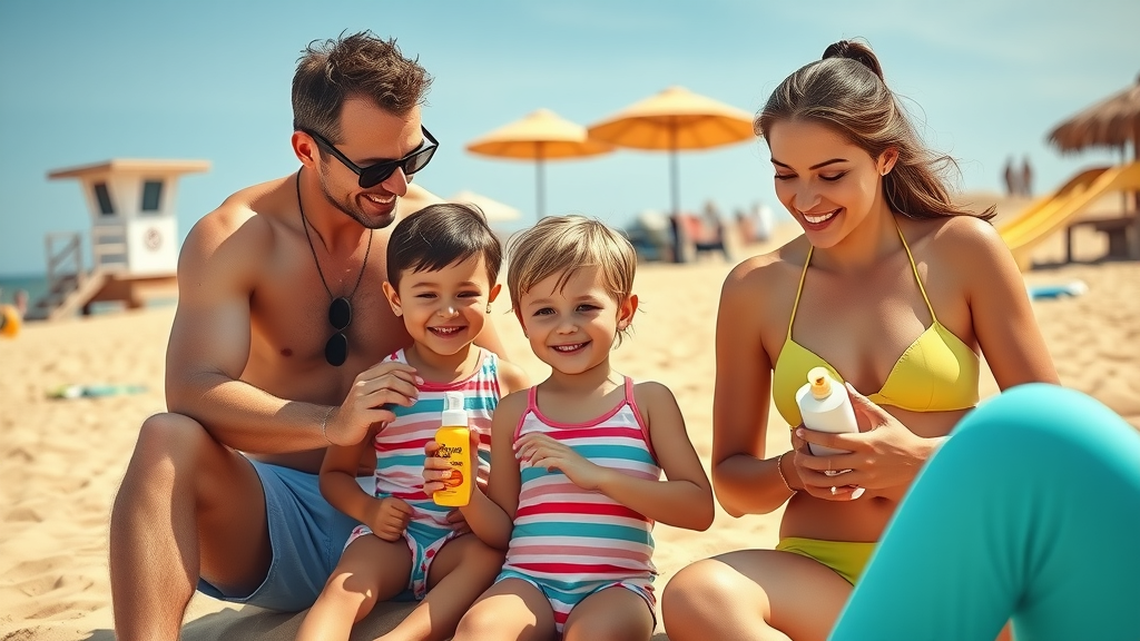 Attentive parents applying sunscreen to children at a family-friendly Cabo beach, with golden sand, lifeguard tower, and shaded play area.