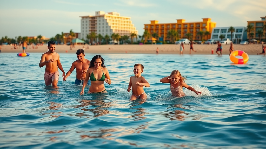 Families wading in calm Medano Beach waters, colorful resort buildings behind, ocean inflatables, sunset lighting in Cabo San Lucas.