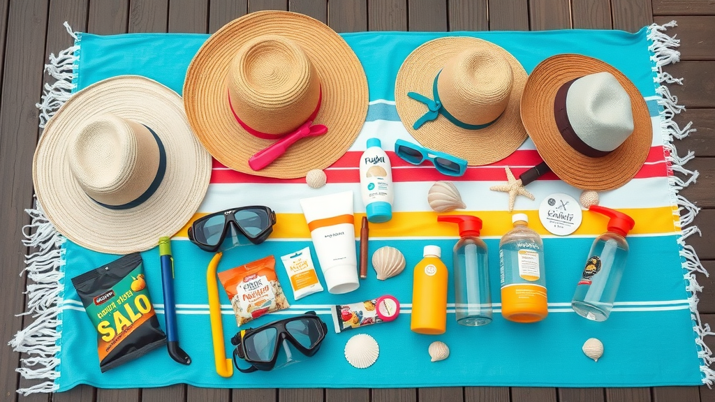 Organized flat lay of essential family beach gear for Cabo: hats, sunscreen, children