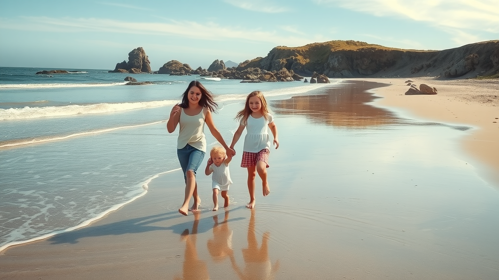 Happy family walking on the shoreline of Santa Maria Beach, exploring tide pools, gentle waves, distinct curved bay and rocky outcroppings, vibrant and lively.