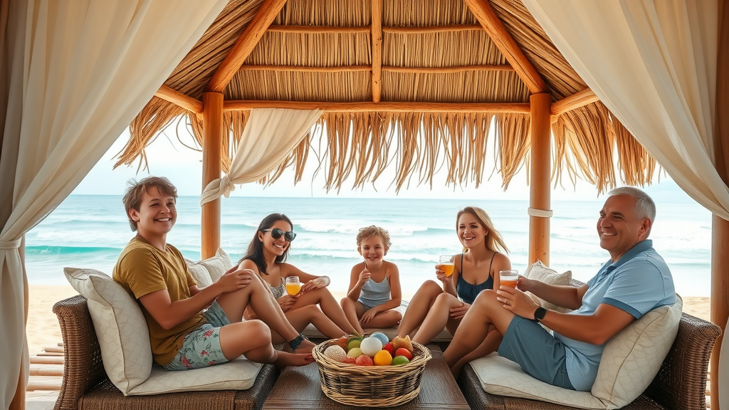 Relaxed family relaxing in shaded cabana at Playa Grande, overlooking the surf, kids enjoying fresh snacks, ocean blues, and breezy thatched roof.