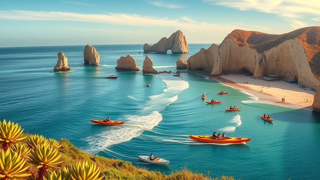 Vibrant panoramic view of Cabo San Lucas coastline with El Arco and hidden coves, perfect for cabo sightseeing