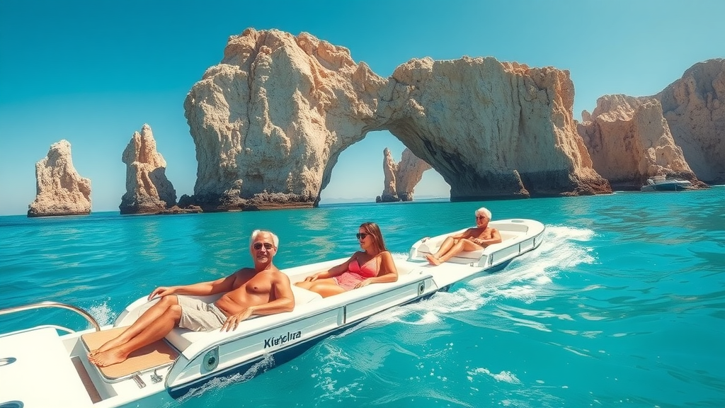 Luxury yacht cruising near the Arch of Cabo San Lucas, passengers enjoying the tour on turquoise waters