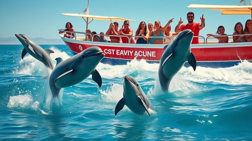Playful dolphins and sea lions swimming beside a sightseeing boat near Cabo San Lucas, tourists looking on excitedly