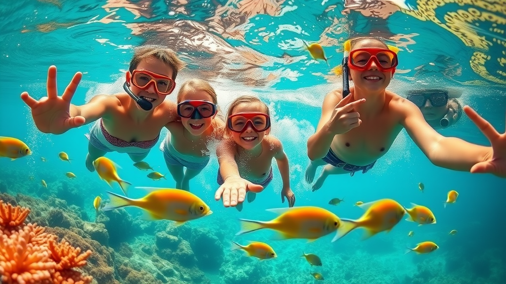 Family snorkeling in clear Sea of Cortez waters, children and adults swimming near colorful tropical fish and coral reefs