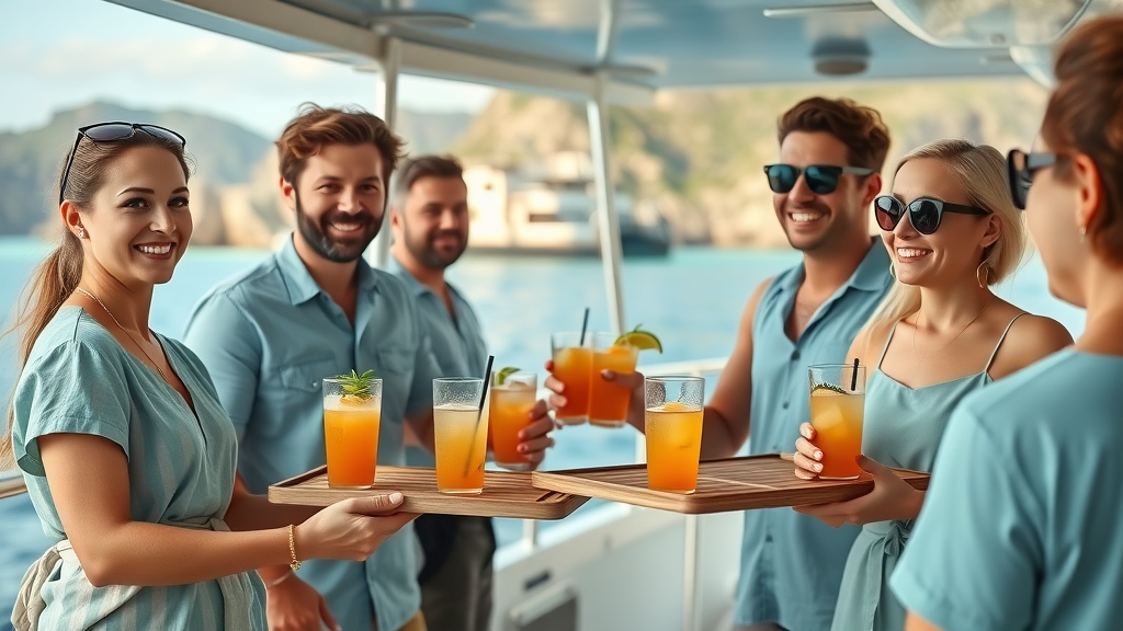 Happy boat crew serving drinks to guests, with lush Cabo coastline in the background