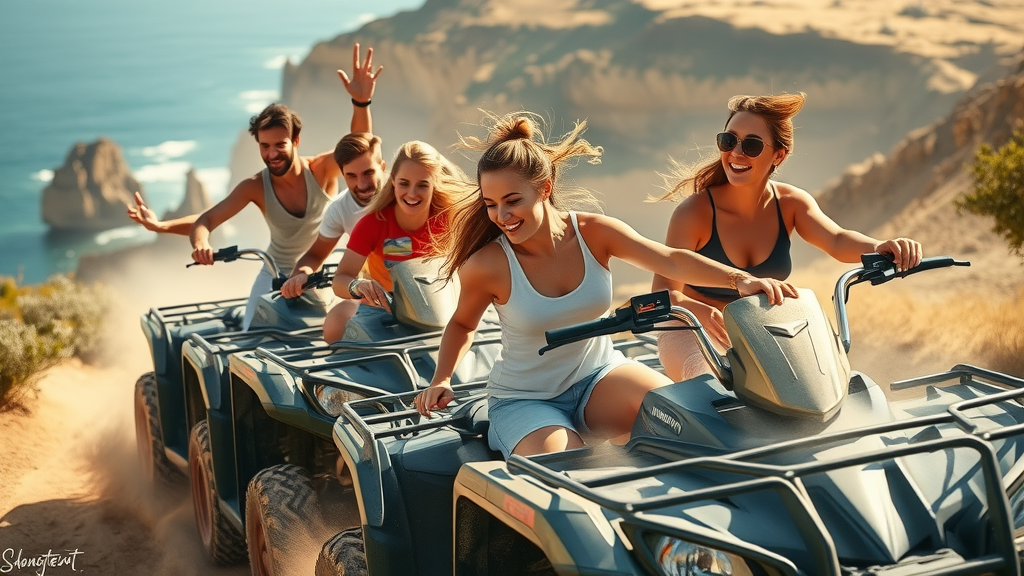 Cabo adventure tours group riding ATVs along dramatic desert and coastal cliffs in Cabo San Lucas, dust swirling with the blue ocean in the background