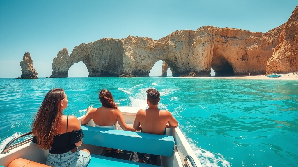 Cabo adventure tours travelers enjoying a scenic boat ride on turquoise water with Land