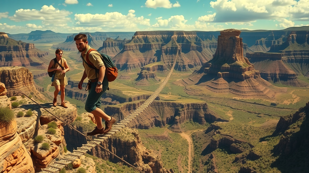 Cabo adventure tours participants crossing the famous hanging bridge high above a canyon in Cabo San Lucas, earthy tones and dramatic desert landscape