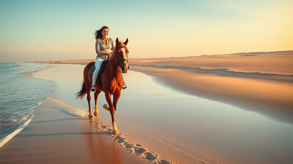 Unforgettable horseback riding tours on the beaches of Los Cabos, golden sunset, tranquil ocean, and joyful riders
