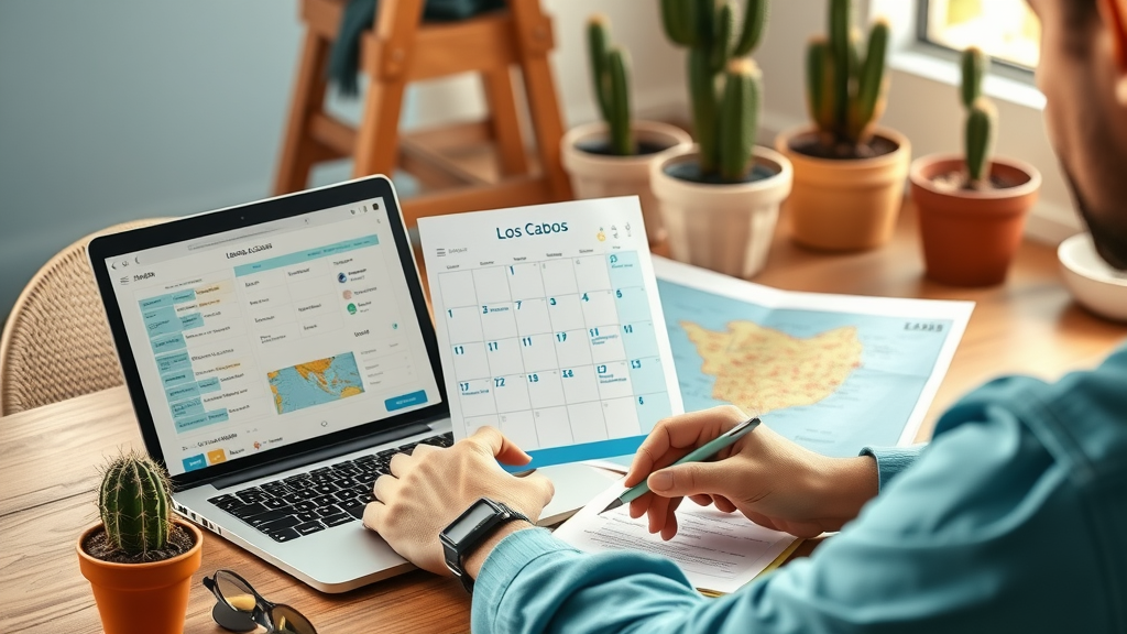 Cabo adventure tours planning, traveler looking at a calendar and map of Los Cabos, with laptop open to tour websites and travel gear shown