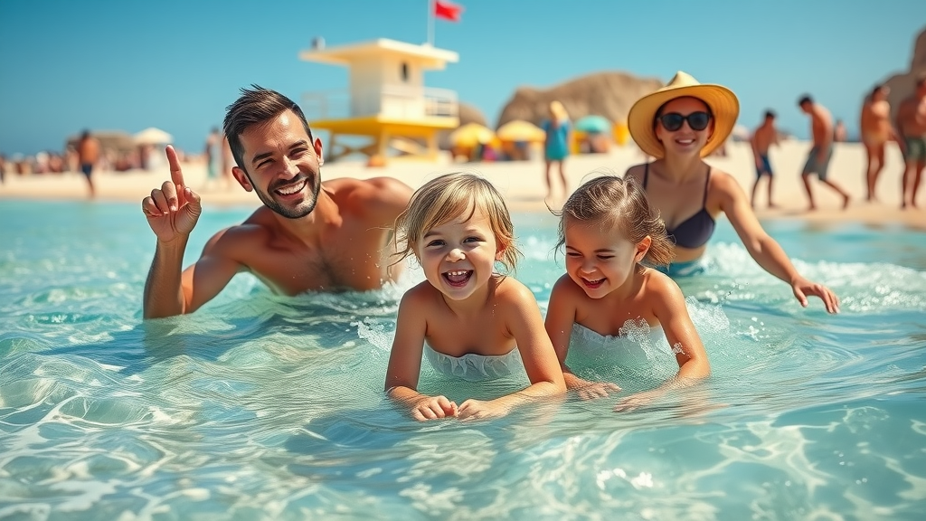 Top-rated Cabo beach excursions with happy family playing in shallow crystal-clear waves on Medano Beach, colorful beach toys and lifeguard tower nearby.