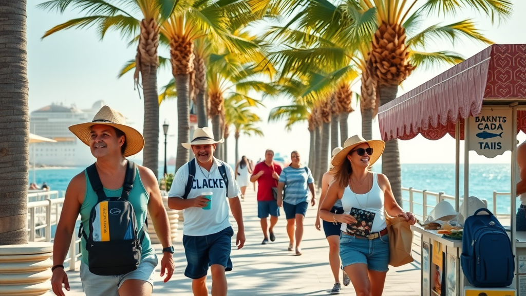Easy access beach route with relaxed cruise travelers walking from Cabo cruise port to beach, palm-lined promenade and ocean view.