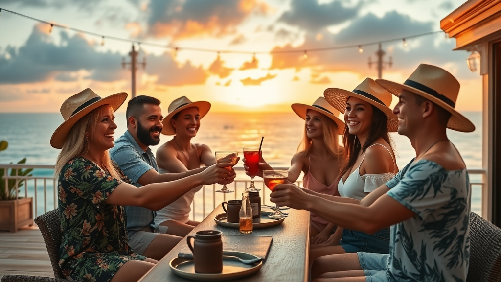Unforgettable Cabo beach memories with friends toasting on open-air terrace overlooking sunset-lit ocean, cheerful decorations, and tropical cocktails.