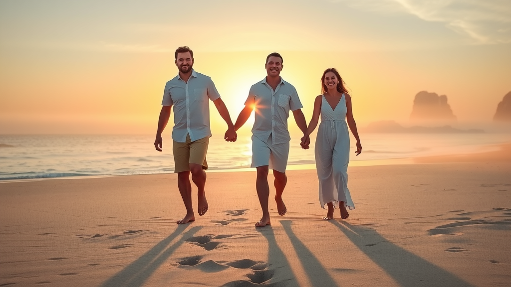 Peaceful sunrise over Cabo San Lucas beach, family holding hands, golden beach horizon, gentle morning mist, soft waves, footprints in soft pastels and warm golds