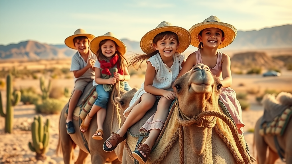Excited kids riding camels in Baja California, warm desert landscape with cactus, natural desert hues, golden hour lighting